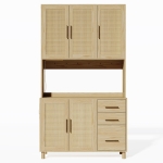 Móvel de cozinha com acabamento em rattan trançado e puxadores metálicos dourados, luzes LED decorativas, 100x40x183 cm, Cor natural