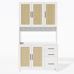 Móvel de cozinha com acabamento em rattan trançado e puxadores metálicos dourados, luzes LED decorativas, 100x40x183 cm, Branco