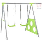 AIYAPLAY Schaukelset für Kinder, 2 Schaukelsitze, 1 Basketballkorb, 1 Fußballtor, Metallrahmen, Grün