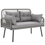 Outsunny Canapé de jardin avec coussins et oreillers 2 places en résine tressée, canapé d'extérieur avec accoudoirs gris foncé
