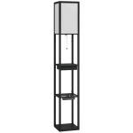 HOMCOM Luminária de piso com prateleira de 3 níveis, interruptor de pé, portas USB, MDF, Preto