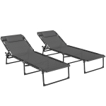 Outsunny Lot de 2 bain de soleil transat pliable dossier inclinable multi-positions acier lacets élastiques textilène gris