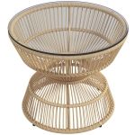 Outsunny Mesa Lateral Exterior Mesa de Jardim Rattan, Tampo de Vidro, PE-Rattan, 60 cm x 60 cm x 50 cm, Madeira Natural