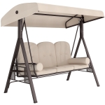 Outsunny Balancelle de Jardin 3 Places Grand Confort Toit Inclinaison réglable Coussins Plateaux rétractables 121x208x172cm beige