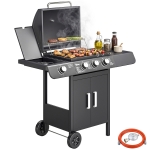 Outsunny Barbecue a Gas con Coperchio, 4 Bruciatori da 11.6kW, Fornello, Mensola e 2 Ruote, 110x50x100cm Nero