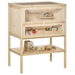 PawHut Jaula de Madera para Hámster Ratones Casa de Juegos con 5 Plataformas Rampa Techo Abatible Ventana Cristal Plástico y Estante Inferior 60x40x80 cm Natural