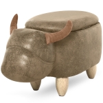 HOMCOM Tabouret Vache - Pouf Vachette - Pouf Taureau Coffre de Rangement 2 en 1 - Pieds Bois d'hévéa revêtement synthétique Aspect Daim Vieilli Marron