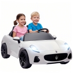 AIYAPLAY Maserati Carro Elétrico para Crianças, 2 lugares, 12V a bateria, controle remoto, luzes LED, função de música, Branco