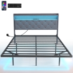 HOMCOM Cadre de lit 140 x 190 cm avec sommier acier, lit 2 personnes flottant avec lumières LED RGB et station de charge, gris