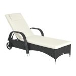 Outsunny Rattan Sun Lounger, Garden Lounger Recliner with Wheels and Adjustable Backrest, Outdoor Reclining Sunbed Garden Chair with Cushion and Headrest for Patio, Beach, Terrace, Black