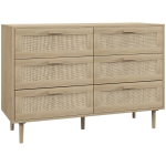 HOMCOM Cómoda para Dormitorio con 6 Cajones con Frontal de Ratán Patas de Madera Cajonera Estilo Bohemio 110x40x75 cm Roble