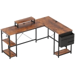 HOMCOM Bureau d'angle réversible, 168-240 cm, bureau d'ordinateur avec étagère réglable, support d'écran, brun rustique