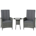 Outsunny Rattan Bistro Set, Reclining Garden Chairs and Glass Coffee Table with Cushions for Patio Balcony Porch, Grey