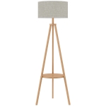 HOMCOM Bedside Light, Tripod Floor Lamp with Storage Shelf and Linen Shade for Living Room, 160cm, Natural Wood Colour