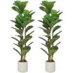 HOMCOM Lote de 2 Plantas Artificiales 120 cm Ficus Lyrata Árbol Artificial con Maceta de Plástico y Tronco de Madera Maciza Verde