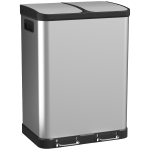 HOMCOM Küchenmülleimer mit Doppelkammer 2 x 30 l, Treteimer aus Edelstahl, Soft-Close-Deckel, Silber