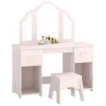 AIYAPLAY Kaptafel voor kinderen, 2-in-1 kaptafel/bureau met kruk, 2 lades, 2 kasten, afneembare spiegel, roze