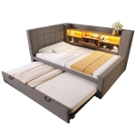 Upholstered Daybed with Pull-Out Trundle and Space-Saving Storage, Versatile Grey Linen Bed Frame with LED Lighting, 204L x 107W x 88H cm, Grey