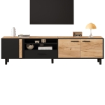 Modern 180cm TV Stand with Ample Concealed Storage, Low-Profile Entertainment Centre for TVs up to 80 Inches, 180L x 32.5W x 50H cm, Black+Wood
