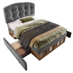 Upholstered Single Bed with Height-Adjustable Button-Tufted Headboard, Plush Grey Bed Frame with Built-In Drawers, 198L x 101W x 120H cm, Grey