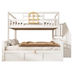 Twin Over Full Bunk Bed with Solid Pine and MDF Construction, Wooden Cabin Bed with Hydraulic Under-Bed Storage, 243L x 144W x 172H cm, White