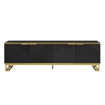 Modern TV Cabinet with 4 Geometric Embossed Doors and Open Top Shelf, Spacious TV Stand with Hidden Storage, 160L x 37.5W x 48H cm, Black