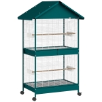 PawHut Cage à oiseaux sur roulettes avec séparateur amovible, 4 mangeoires et 2 perchoirs, 2 plateaux coulissants, 94x70x158cm