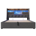 Upholstered Hydraulic Bed with LED Ambient Lighting, Linen Grey Bed Frame with Storage Headboard, 208L x 147W x 116H cm, Grey