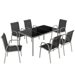 Outsunny Conjunto de Mesa y Sillas Jardín con Mesa de Vidrio Templado y 6 Sillas Apilables Transpirables para Terraza Negro