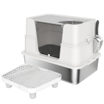 PawHut Bac à Litière XL en Acier Inoxydable pour Grand Chat, Couvercle Pivotant 100°, Pelle, 60,2x40,2x44,5cm, Gris Clair
