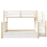Pat supraetajat 90x200 peste 140x200, cu balustradă de protecție mai înaltă și scară, fără saltea, 254x145x150 cm, Alb+Culoare naturală
