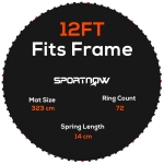 SPORTNOW Replacement Trampoline Mat with Spring Pull Tool, 72 V-Hooks, for 12ft Trampoline using 14cm Springs, Black
