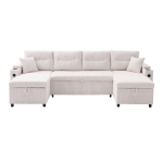 Contemporary 4-Seater Sofa with 2 Chaise Longues, Ribbed Corduroy Couch with Built-In Cup Holders, 272L x 136W x 86H cm, Beige