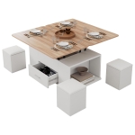 Extendable Lift Top Coffee Table with Hydraulic Lift, Space-Saving Center Table with 4 Hidden-Storage Stools, 100L x 50W x 45H cm, White+Natural
