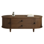 Oval Coffee Table with Sliding Roll-Top Doors, Sturdy Center Table with Two Drawers, 100L X 50W X 36H cm, Walnut