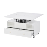 Extendable Lift-Top Coffee Table with Two Lift-Up Tabletops and Castors, Space-Saving Dining Table with four drawers, 100L x 50W x 47.5H cm, White