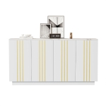 Living Room Sideboard with Elegant Metallic Vertical Lines, Freestanding Storage Cabinet with 4 Doors, 140L x 35W x 70H cm, White