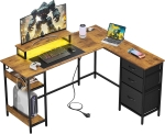 L-förmiger Eckschreibtisch mit LED-Beleuchtung, erhöhter Monitoraufsatz + Kopfhörerhaken, 142x118x87.5 cm, Braun