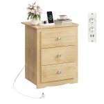 Nachttisch mit 3 Schubladen, integrierte Ladestation, modernes rustikales Design, 46.5x39.6x58.7 cm, Hell-Eiche