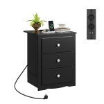Nachttisch mit 3 Schubladen, integrierte Ladestation, modernes rustikales Design, 46.5x39.6x58.7 cm, Schwarz