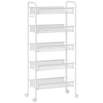 HOMCOM Carrito Auxiliar con Ruedas de 5 Niveles con Cestas de Malla Extraíbles y Marco de Acero 45x26,5x106 cm Blanco