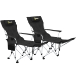 Outsunny Set van 2 Opvouwbare Campingstoelen met Afneembare Voetsteun en Bekerhouder, Belastbaar tot 120 kg - Zwart
