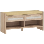 HOMCOM Boho Shoe Bench with 2 Rattan Drawers, Shoe Storage Bench with Cushioned Seat and Open Shelf Oak Wood Effect