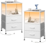 WLIVE Set of 2 White Bedside Tables, Equipped with Drawers, LED Lights and Charging Station, Multi-use Bedside Cabinet for Bedroom, Living Room and Small Spaces