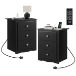 WLIVE 3-Drawer Wooden Bedside Table with Charging Station, USB Ports & Plug Sockets, Nightstand with Storage for Bedroom, Living Room, Office (2, Black)