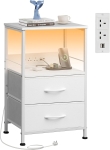 WLIVE LED Lit Bedside Cabinet, Comes with Drawers and Integrated Charging Station, Practical Side Table Ideal for Bedroom, Living Room and Small Spaces, White