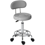 HOMCOM Rollhocker, Drehbarer und verstellbarer Hocker mit Rückenlehne, Kunstlederbezug, Fußstütze, für Frisiertische, Grau