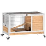 PawHut Conigliera in Legno con 4 Ruote, Casetta per Conigli e Rampa, 90x53x59cm, Giallo
