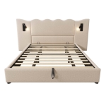 Cama tapizada doble 180x200 cm con lámpara de lectura giratoria, cabecero ondulado tapizado en lino, sin colchón, 215x252x111 cm, Beige