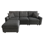 Divano moderno con pouf poggiapiedi, ricarica laterale doppia e 2 cuscini quadrati, 223x146x84 cm, Nero